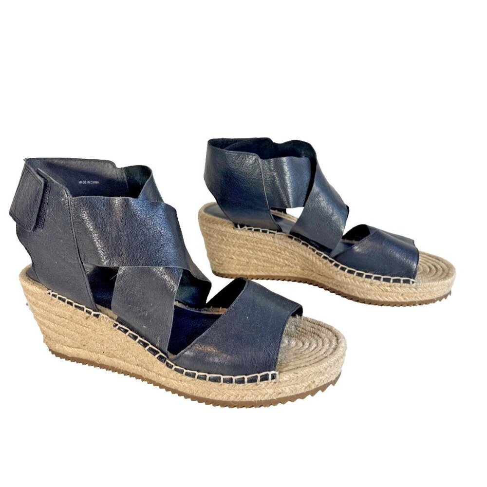 Eileen Fisher Black Leather Willow Espadrille Wedge Heels Women's Size 9.5 Boho
